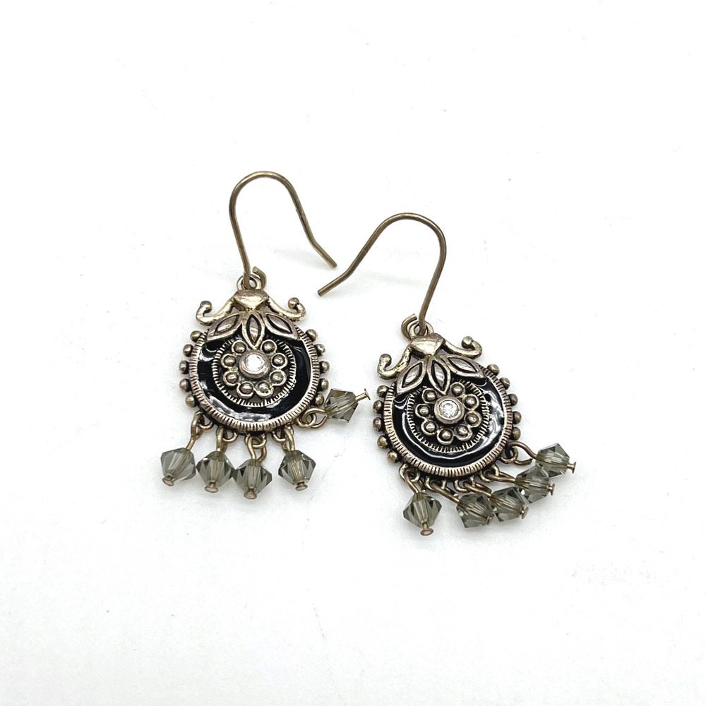 Boho Silver Tone‎ Black Enamel Crystal Dangle Drop Earrings 925